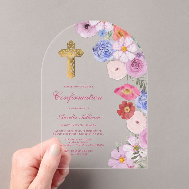 Watercolor Wildflowers Arch Confirmation Acrylic Invitations (Insitu (Handheld))