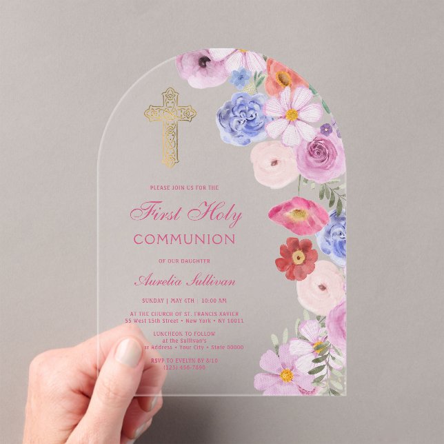 Watercolor Wildflowers Arch First Communion Acrylic Invitations (Insitu (Handheld))
