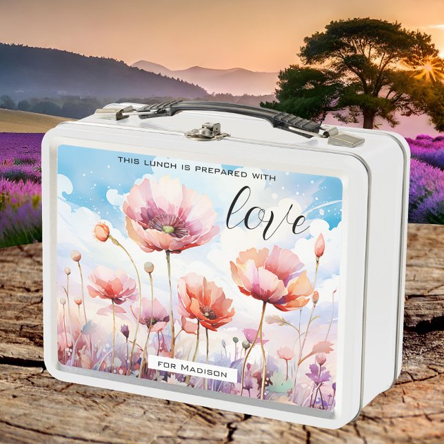Watercolor Wildflowers Artistic  Metal Lunch Box (Lunch Box featuring a watercolor painting of wildflowers and poppies)