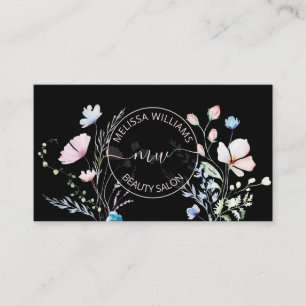 Watercolor Wildflowers Black Mauve Business Card