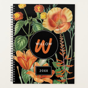 Watercolor Wildflowers Black Orange Monogram Planner