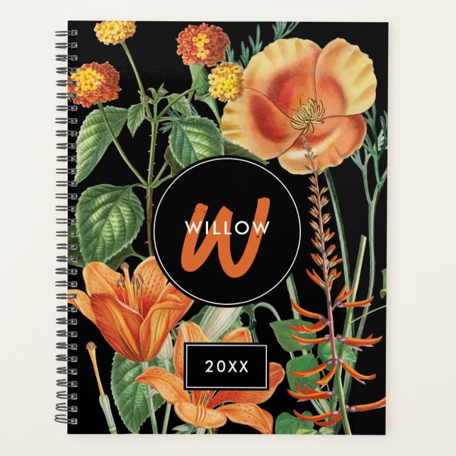 Watercolor Wildflowers Black Orange Monogram  Planner (Front)