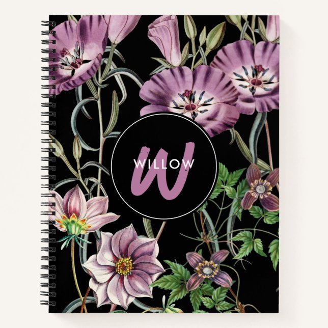 Watercolor Wildflowers Black Purple Monogram  Notebook (Front)