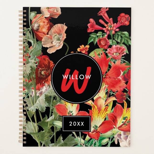 Watercolor Wildflowers Black Red Monogram Planner (Front)
