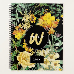 Watercolor Wildflowers Black Yellow Monogram Planner