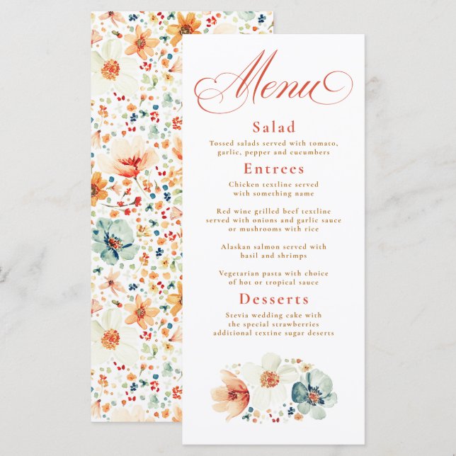 Watercolor Wildflowers Boho Fall Wedding Menu (Front/Back)