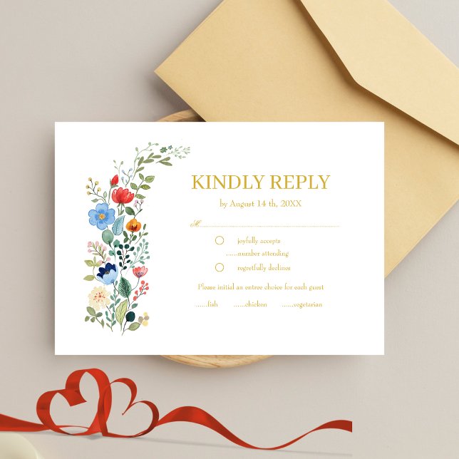 Watercolor Wildflowers Boho Gold Wedding RSVP Card (Creator Uploaded)
