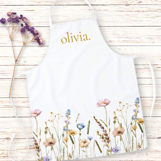 Watercolor Wildflowers Boho Stylish Monogram Name Apron (Creator Uploaded)