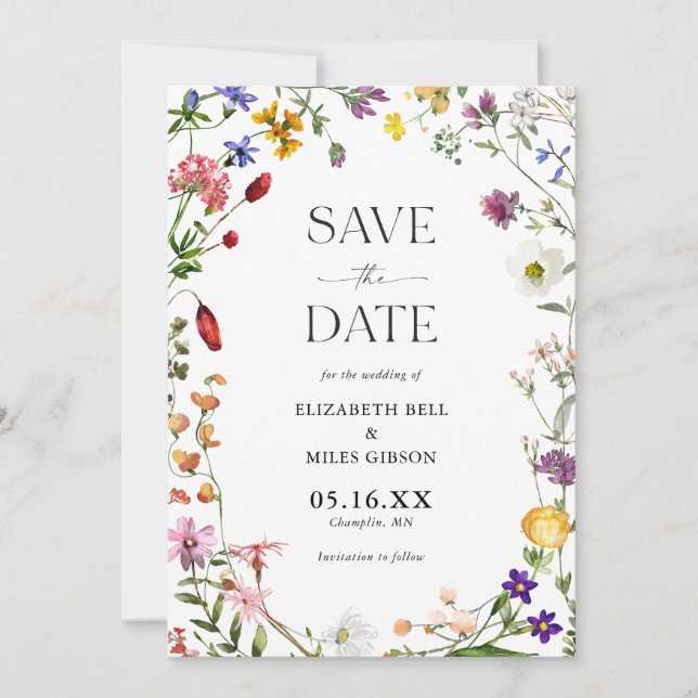 Watercolor Wildflowers Boho Wedding Save the Date Invitation (Front)