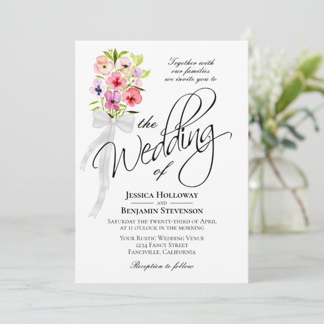 Watercolor Wildflowers Bouquet Rustic Boho Wedding Invitation (Standing Front)