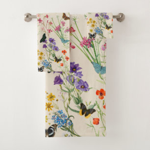 Watercolor Wildflowers & Butterflies Floral Garden Bath Towel Set