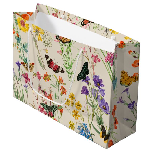 Watercolor Wildflowers & Butterflies Floral Garden Large Gift Bag (Front Angled)