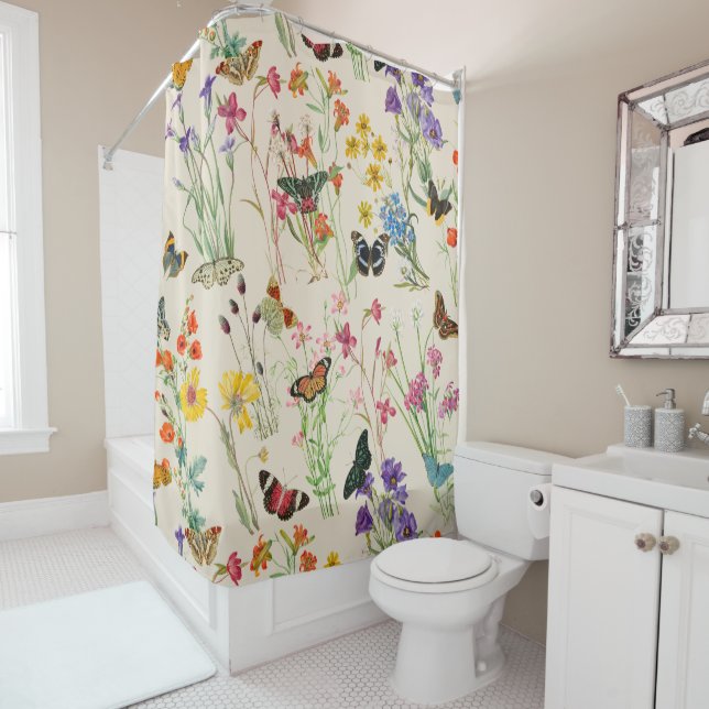 Watercolor Wildflowers & Butterflies Floral Garden Shower Curtain (In Situ)