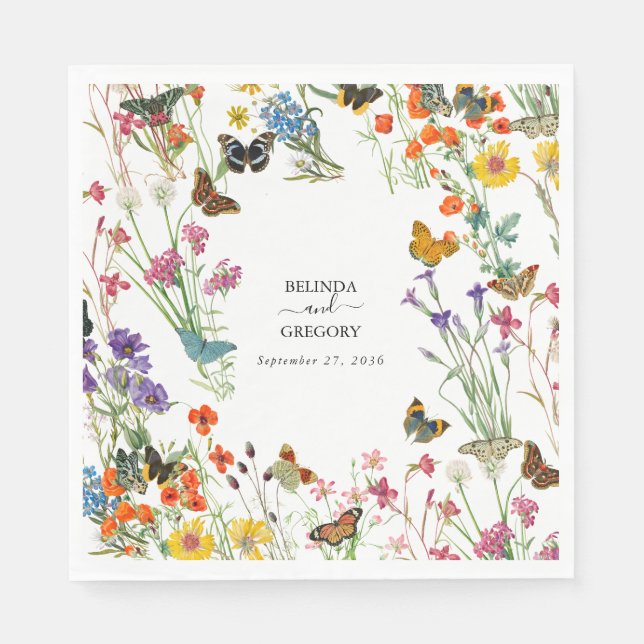 Watercolor Wildflowers Butterflies Floral Wedding Napkin (Front)