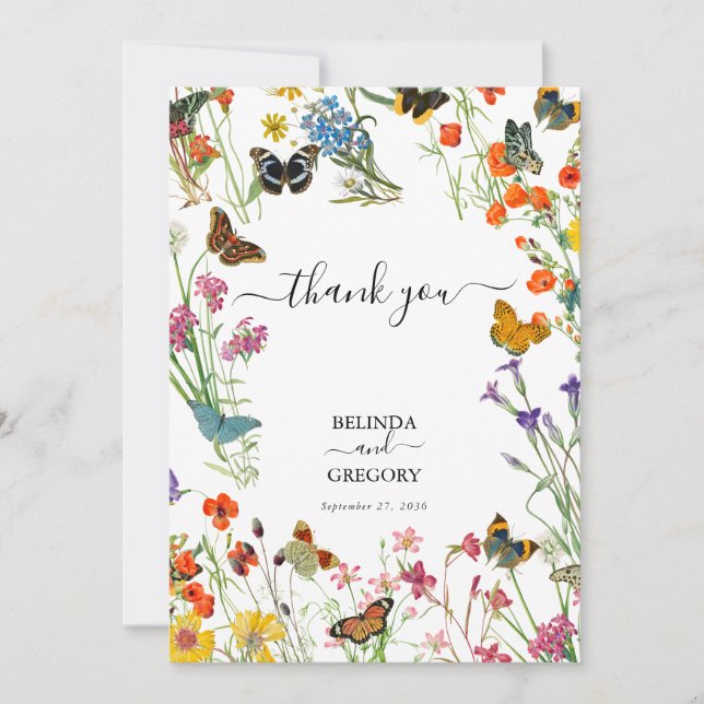 Watercolor Wildflowers Butterflies Floral Wedding Thank You Card (Front)