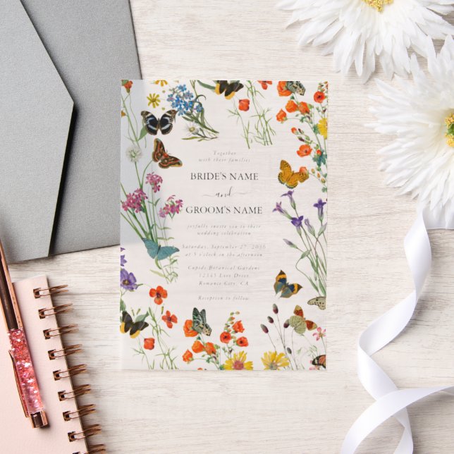 Watercolor Wildflowers Butterflies Floral Wedding Vellum Invitations (Wedding)
