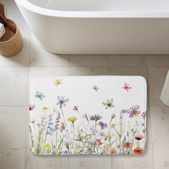 Watercolor wildflowers butterflies meadow delicate bath mat (Watercolor wildflowers butterflies meadow delicate bath mat)