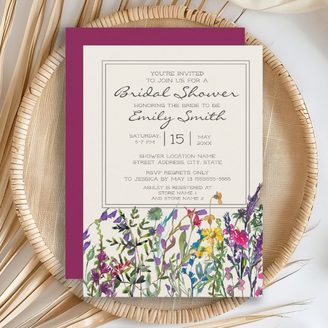 Watercolor Wildflowers Cream Purple Bridal Shower Invitation (Watercolor wildflowers bridal shower invitation)