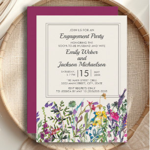 Watercolor Wildflowers Cream Purple Engagement Invitation