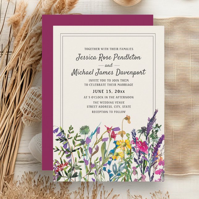 Watercolor Wildflowers Cream Purple Wedding Invitation (Watercolor wildflowers wedding invitation)