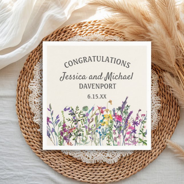Watercolor Wildflowers Cream Wedding Napkin (Custom watercolor wildflowers wedding/engagement paper napkins)