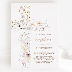 watercolor wildflowers cross Baptism Invitation