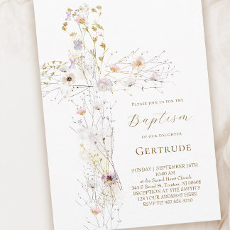 watercolor wildflowers cross Baptism Invitation