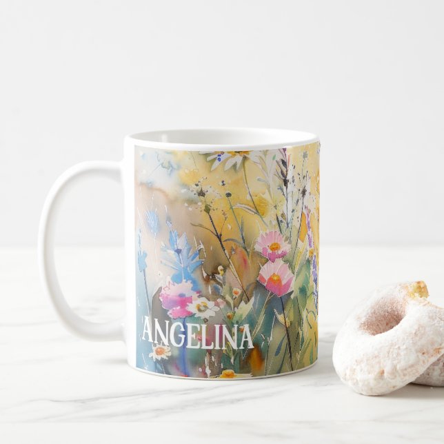 Watercolor Wildflowers Custom Name Mug (With Donut)