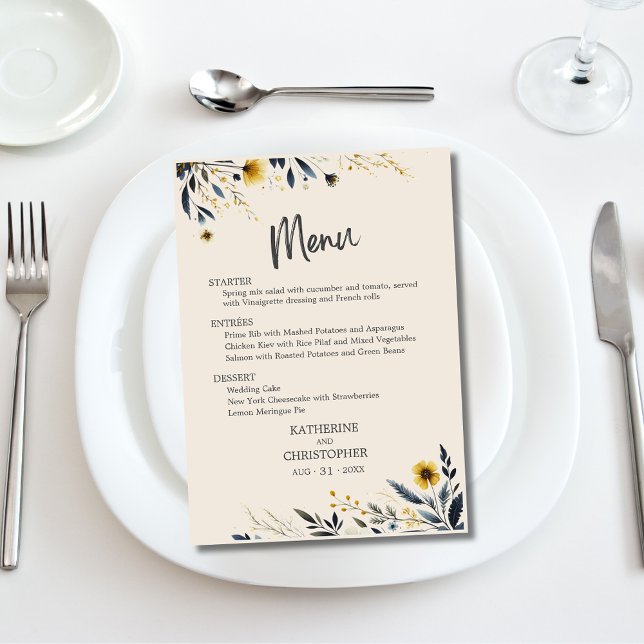 Watercolor Wildflowers Elegant Beige Wedding Menu (Watercolor Floral Elegant Wedding Menu with meal choices and optional text on the back.)