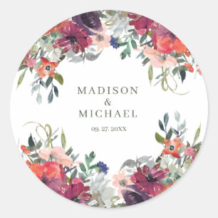 Watercolor Wildflowers Elegant Boho Fall Wedding  Classic Round Sticker