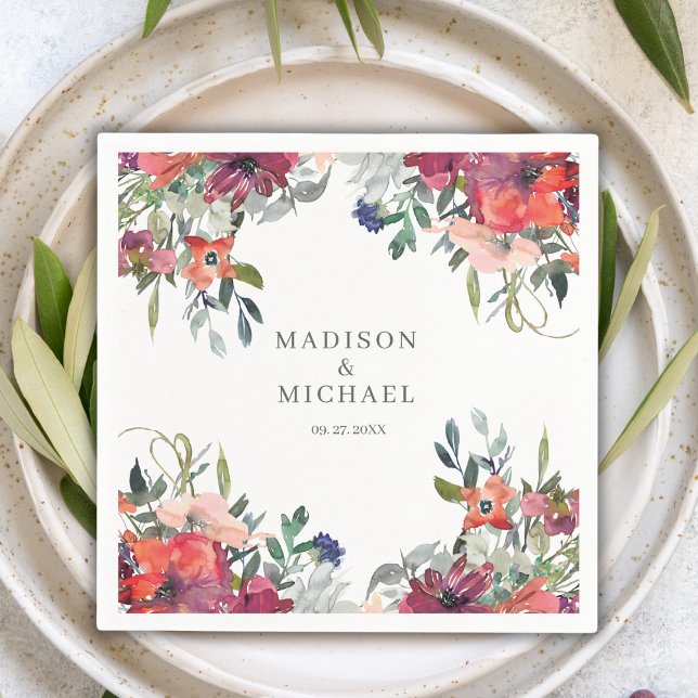 Watercolor Wildflowers Elegant Boho Fall Wedding  Napkin (Creator Uploaded)