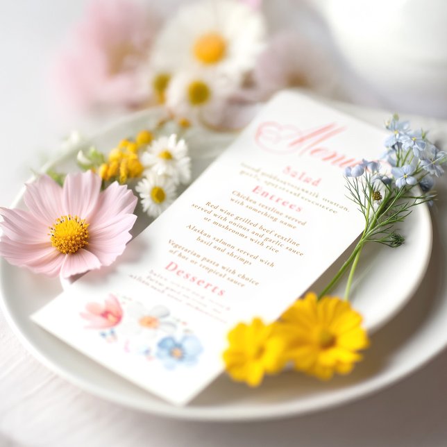 Watercolor Wildflowers Elegant Boho Wedding Menu (Wildflower Menu Cards)