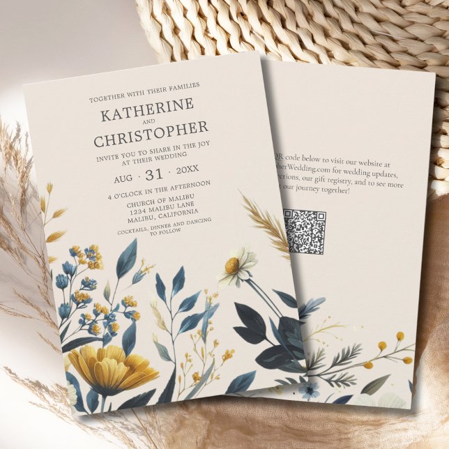 Watercolor Wildflowers Elegant Floral Wedding Invitation (Watercolor Wildflowers Elegant Beige Wedding Invitation with blue and yellow wildflowers, qr code.)