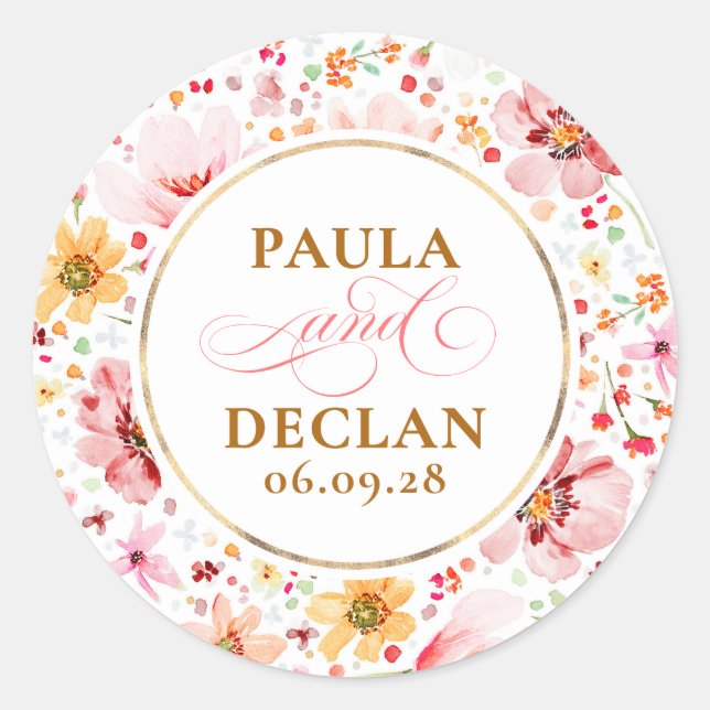 Watercolor Wildflowers Elegant Wedding Classic Round Sticker (Front)