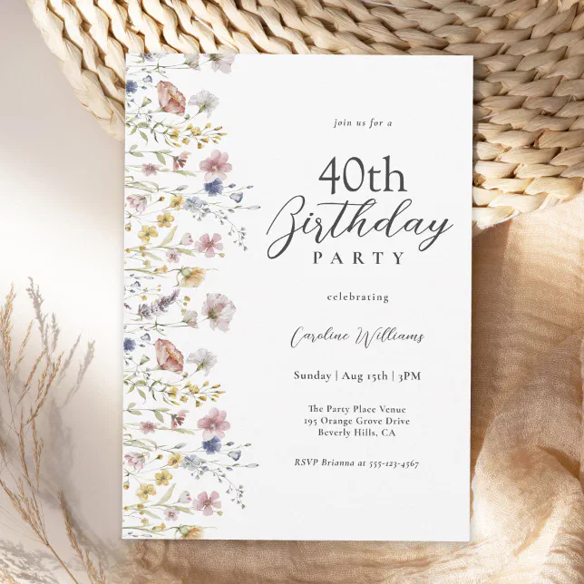 Watercolor Wildflowers Floral 40th Birthday Party Invitation | Zazzle