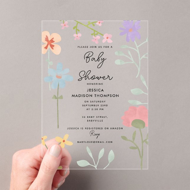 Watercolor Wildflowers Floral Baby Shower Acrylic Invitations (Insitu (Handheld))