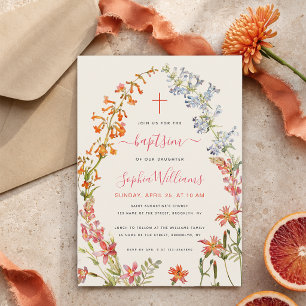 Watercolor Wildflowers Floral Girl Baptism Invitation