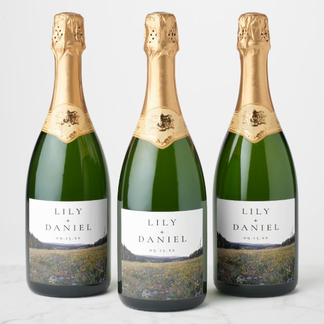 Watercolor Wildflowers Floral Meadow Wedding Sparkling Wine Label (Bottles)