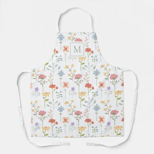 Watercolor Wildflowers Floral Pattern Monogram Apron (Front)
