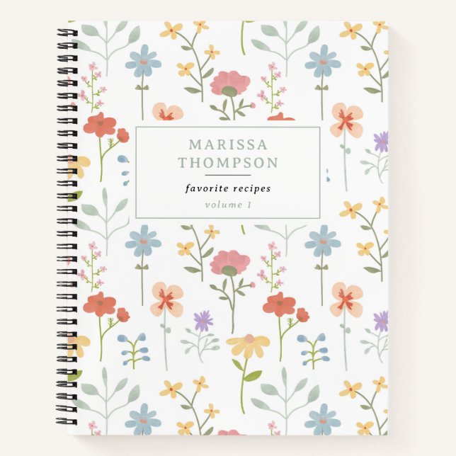 Watercolor Wildflowers Floral Pattern Recipe Notebook (Front)