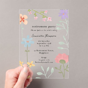 Watercolor Wildflowers Floral Retirement Party Acrylic Invitations