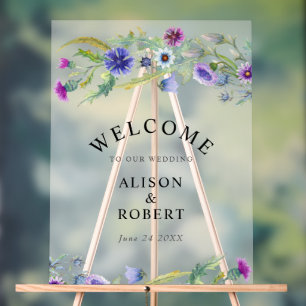 Watercolor wildflowers frosted wedding welcome acrylic sign