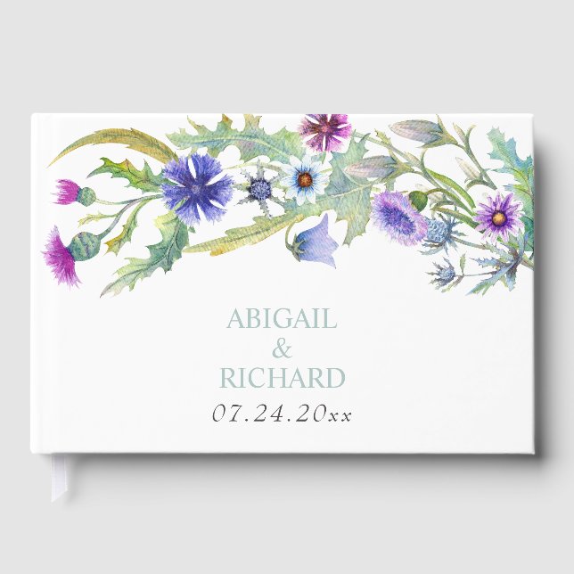 Watercolor wildflowers garland spring wedding guest book (Front)