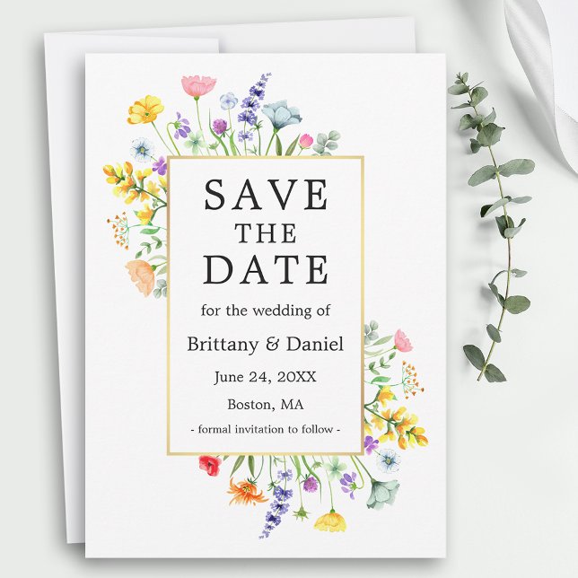 Watercolor Wildflowers Gold Frame Save The Date (Customize to change text size, color, style or add more text to back of card.)