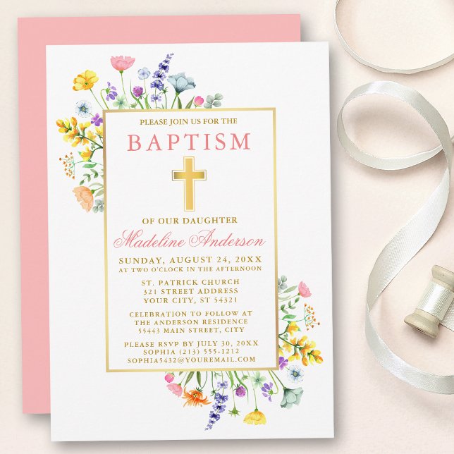 Watercolor Wildflowers Gold Pink Baptism Invitation (Customize to change text color, text style or color of back of card.)