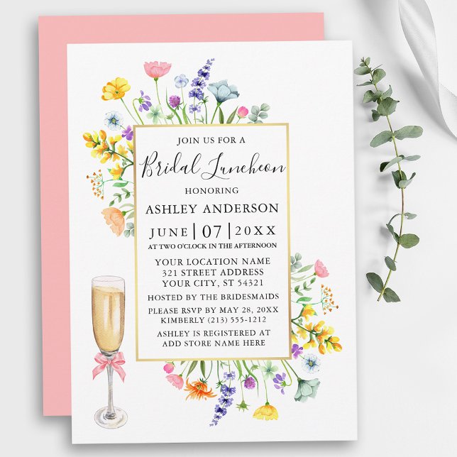Watercolor Wildflowers Gold Pink Bridal Luncheon Invitation (Customize to change text color, text style or color of back of card.)