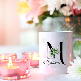 Watercolor wildflowers initial monogram coffee mug