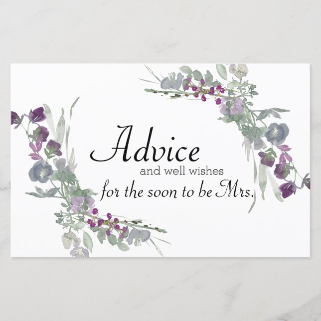 Watercolor Wildflowers Lavender Bridal Advice Card (Front)