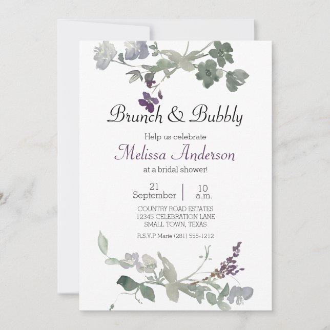 Watercolor Wildflowers Lavender Bridal Brunch (Front)