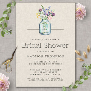Watercolor Wildflowers Linen Boho Bridal Shower Invitation